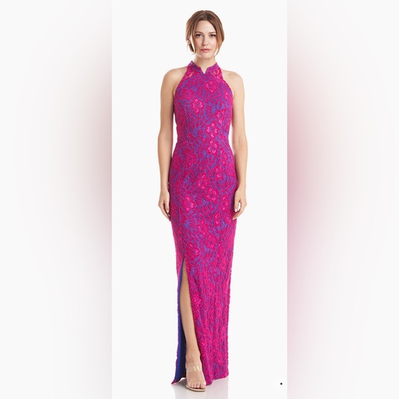 Embroidered Mesh Collared Neckline Sleeveless  Column MOLLY COLLAR GOWN - Picture 6 of 8